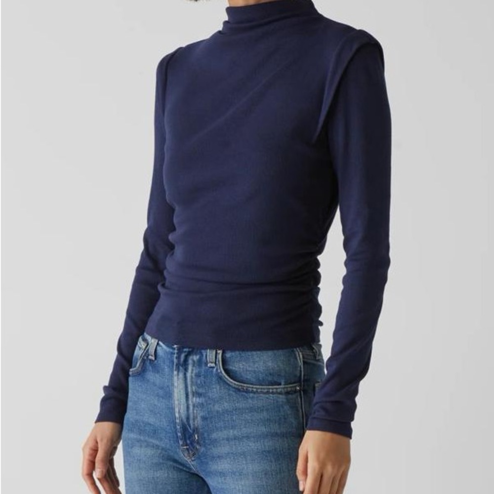 Michael Stars Denise Power Shoulder Long Sleeve 
Navy mock turtleneck Small NWOT